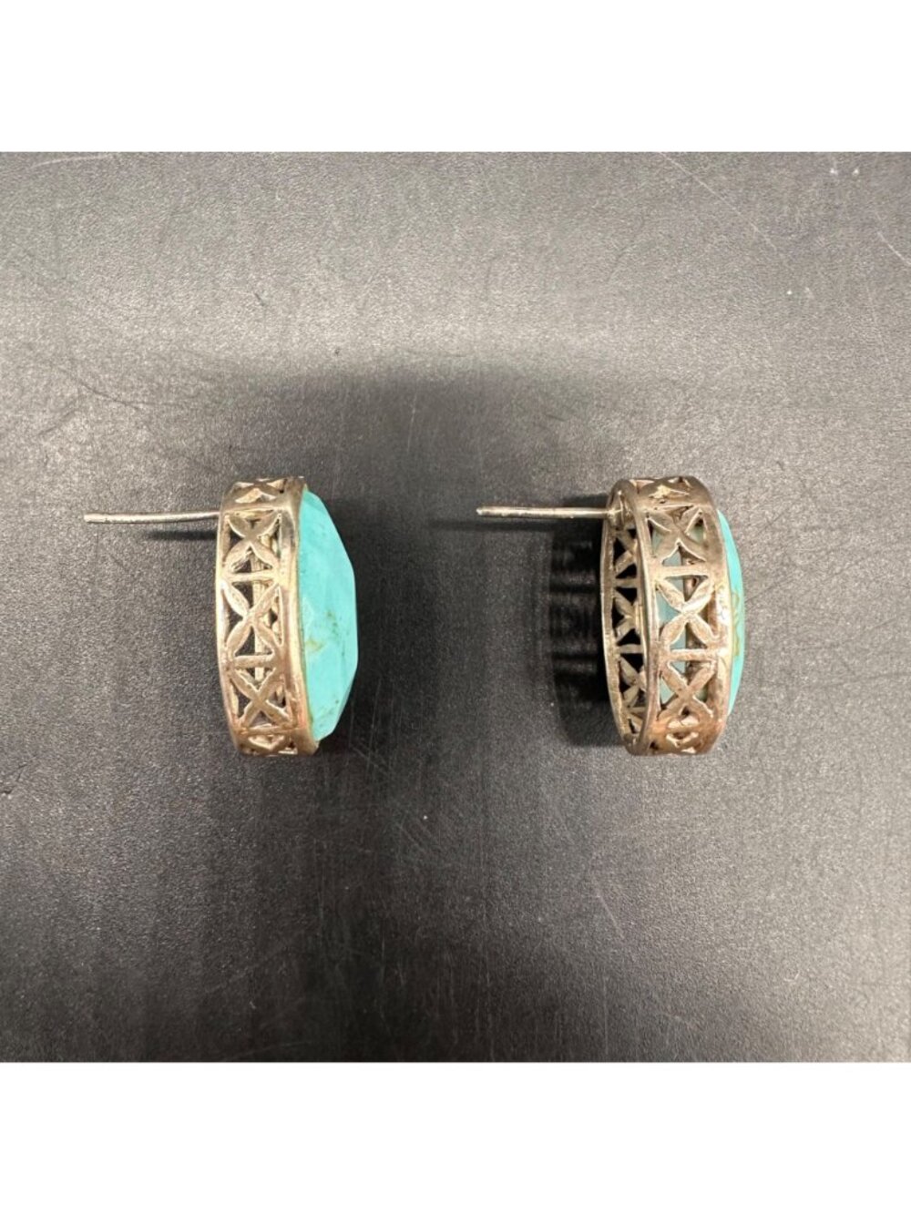 Vintage Sterling Silver Turquoise Oval Earrings Filigree Western Boho Festival - Picture 4 of 12